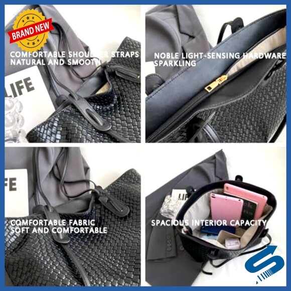 Large Leather Woven Tote Shoulder Bag Top Handle Satchel Work Bag - Picture 6 of 7